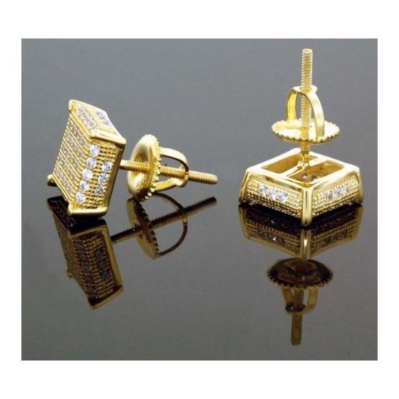 .925 Sterling Silver Yellow Square White Crystal Micro Pave Unisex Mens Stud Earrings 3