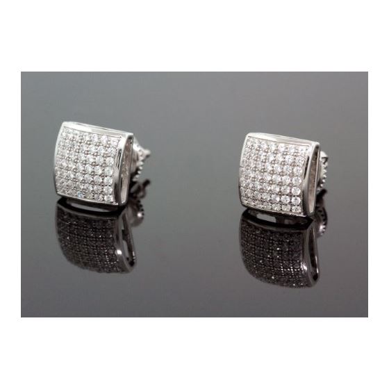 .925 Sterling Silver White Square White Crystal Micro Pave Unisex Mens Stud Earrings 1