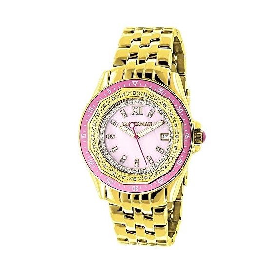 Yellow Gold Plated Ladies Real Diamond Pink Watch 0.25ct Luxurman Steel Band 1