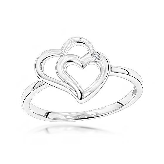 Luxurman Love Quotes: Sterling Silver Double Hearts Diamond Ring for Women (size 10) 1