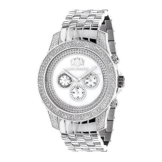 Luxurman Mens Real Diamond Watch 0.50 ct White Mother of Pearl Chronograph 1