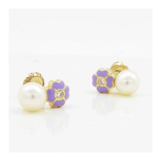 14K Yellow gold Flower pearl stud earrings for Children/Kids web96 3