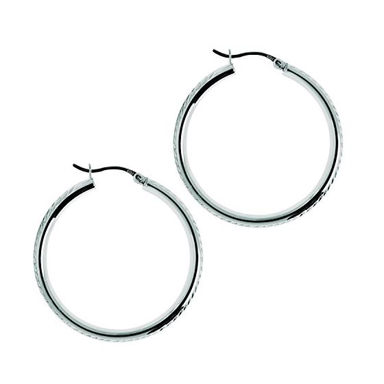 Ladies White Rhodium Silver Textured Hoop Earring AGE322