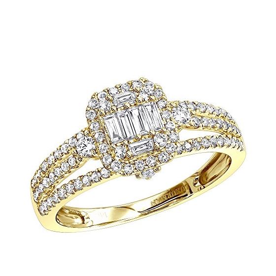 Ladies 14K Gold Affodbale Halo Baguette Diamond En