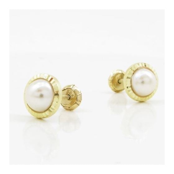 14K Yellow gold Round flower pearl stud earrings for Children/Kids web216 3