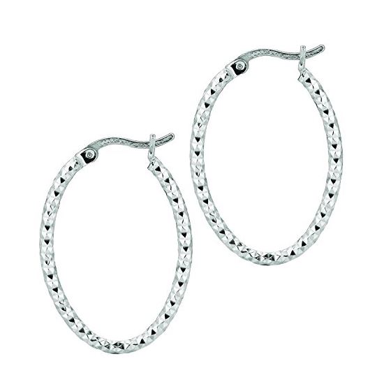 Ladies White Rhodium Silver Diamond Cut Hoop Earring AGE570