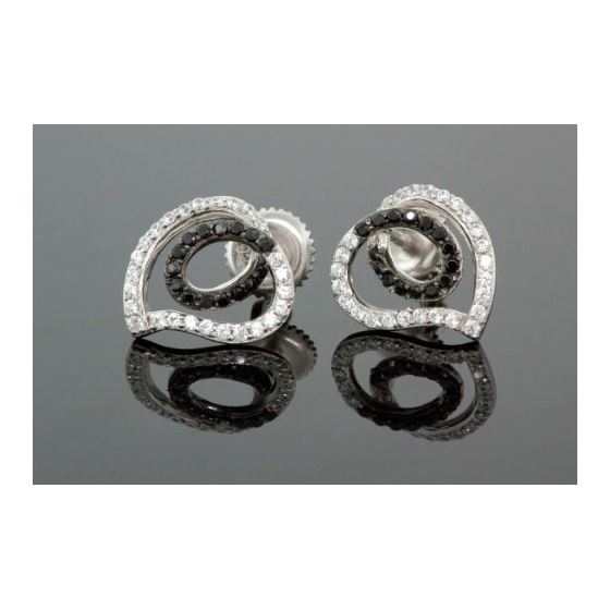 .925 Sterling Silver White Heart White and Black Onyx Crystal Micro Pave Unisex Mens Stud Earrings 1