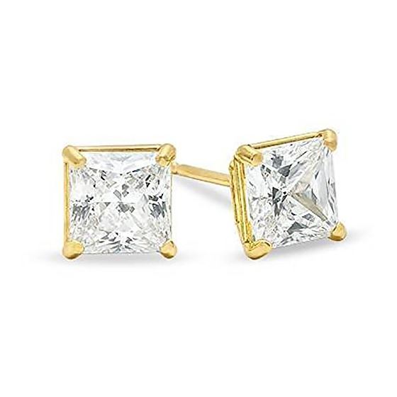 Unisex 14K Solid Yellow Gold 5mm Princess Square Cut CZ Earrings Free Box 38-24Y Size unisex