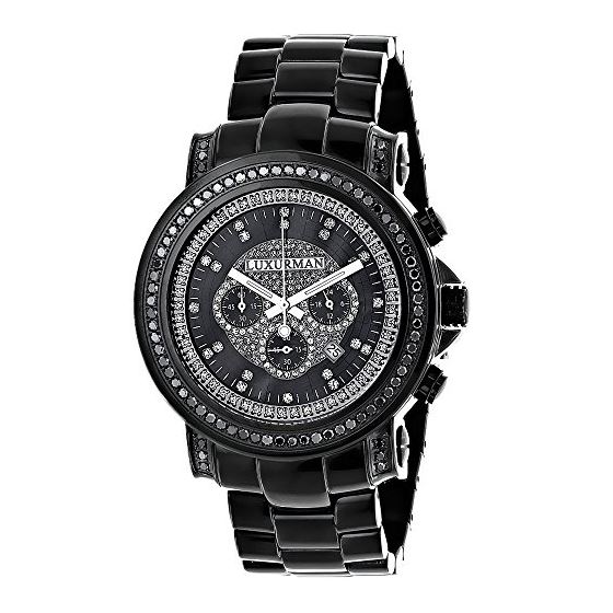 Mens Black Real Diamond Watch by Luxurman 3ct Chronograph Oversized Bezel 1