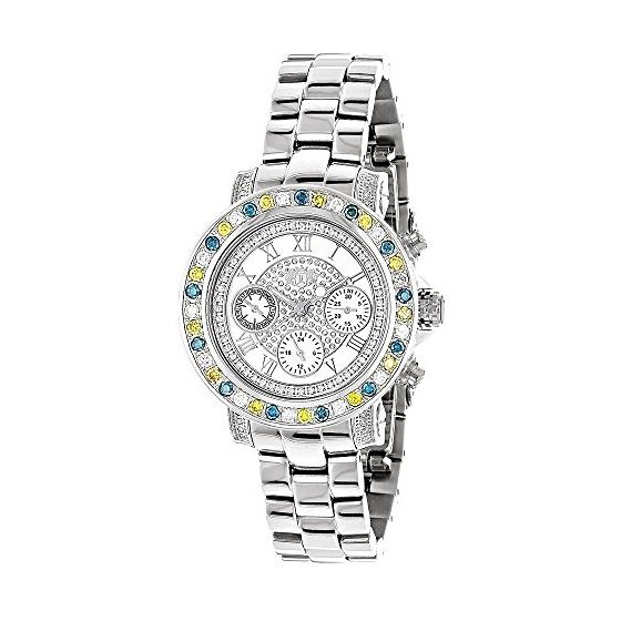 Luxurman Watches: Ladies White Yellow Blue Diamonds Watch 2.75ct on the Bezel 1