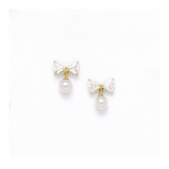 14K Yellow Gold genuine pearl and cz earrings screw back Size: Actual Image