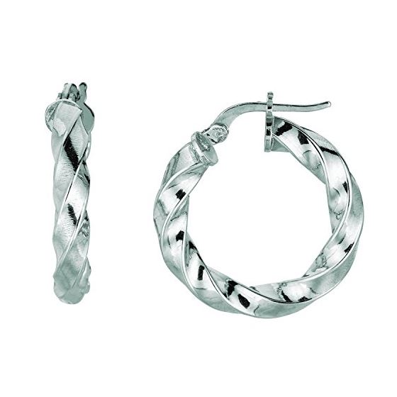 Ladies White Rhodium Silver Twisted Hoop Earring AGE969