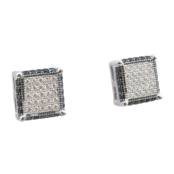 Mens .925 sterling silver Black and white 7 row square earring MLCZ110 4mm thick and 8mm wide Size 1