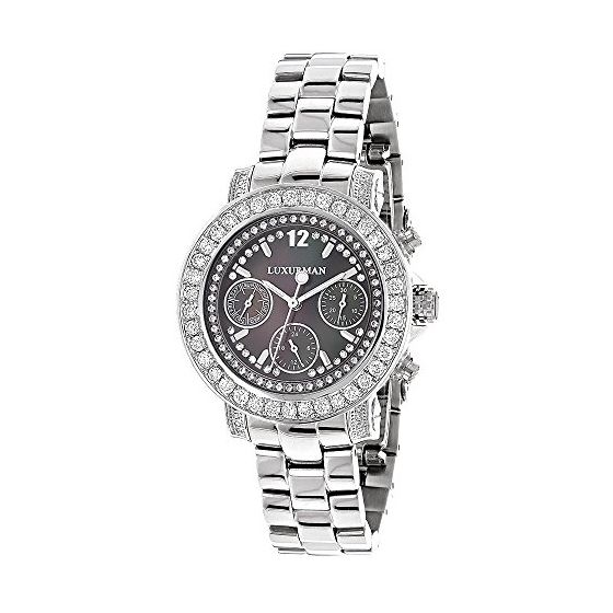Luxurman Oversized Real Diamond Watches For Women: Montana Black MOP 3ct Leather 1
