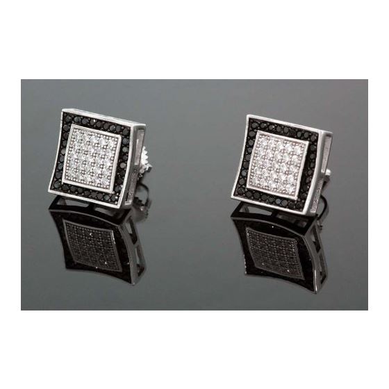 .925 Sterling Silver White Square White and Black Onyx Crystal Micro Pave Unisex Mens Stud Earrings 