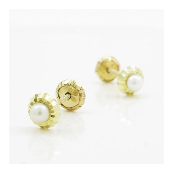 14K Yellow gold Round fancy flower pearl stud earrings for Children/Kids web188 3