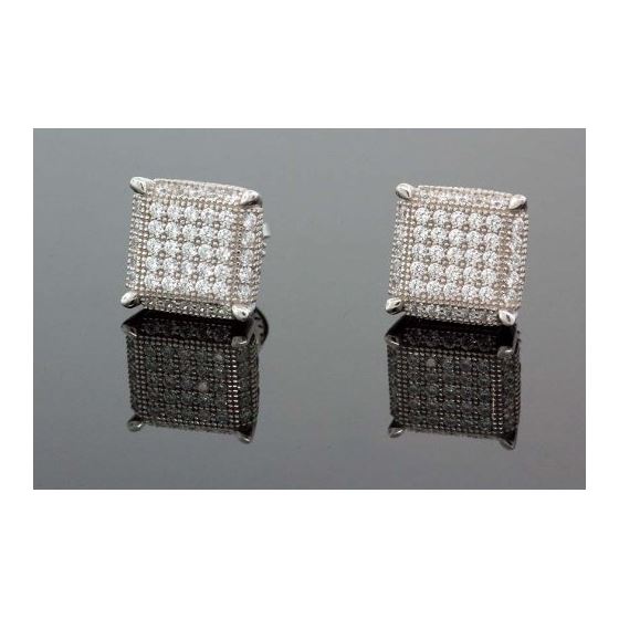 .925 Sterling Silver White Square White Crystal Micro Pave Unisex Mens Stud Earrings 1