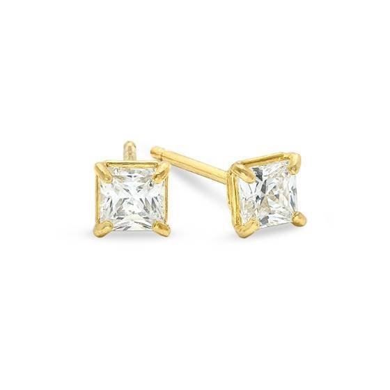 Unisex 14K Solid Yellow Gold 3mm Princess Square Cut CZ Earrings Free Box 38-22Y Size unisex