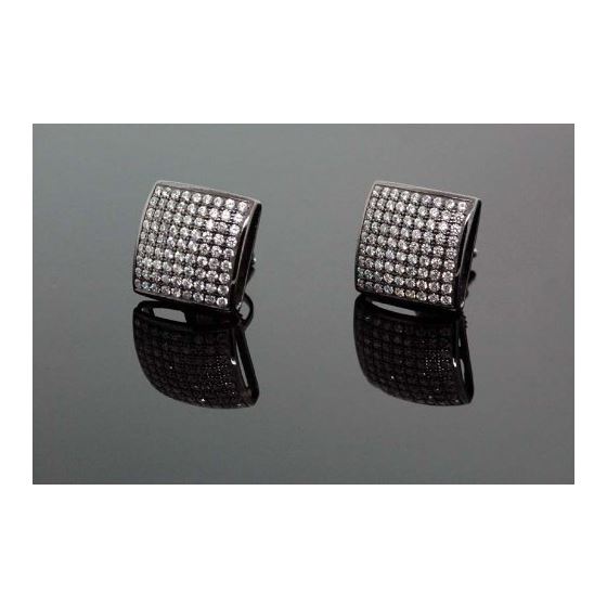 .925 Sterling Silver Black Square White Crystal Micro Pave Unisex Mens Stud Earrings 1