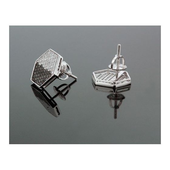 .925 Sterling Silver White Hexagon White and Black Onyx Crystal Micro Pave Unisex Mens Stud Earrings