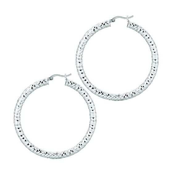 Ladies White Rhodium Silver Diamond Cut Hoop Earring AGE567