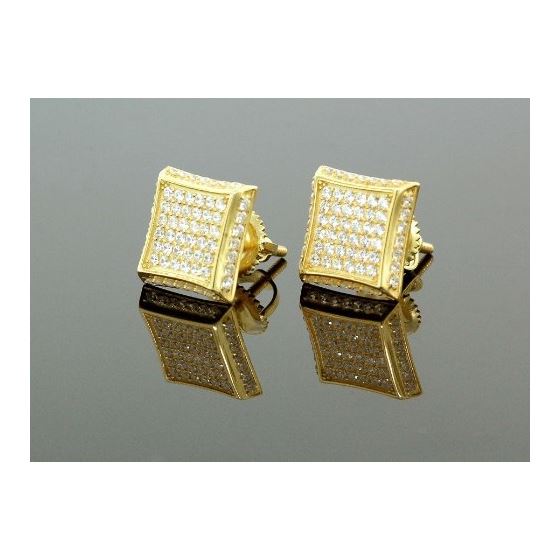 .925 Sterling Silver Yellow Square White Crystal Micro Pave Unisex Mens Stud Earrings 1