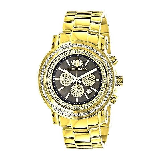 Large Luxurman Real Diamond Bezel Watch 2.5ct Escalade Yellow Gold Plated 1