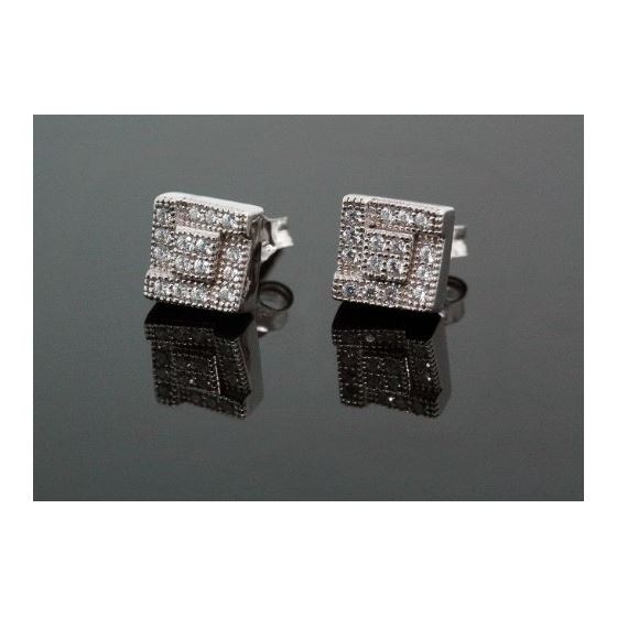 .925 Sterling Silver White Square White Crystal Micro Pave Unisex Mens Stud Earrings 1