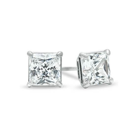 Unisex 14K Solid White Gold 5mm Princess Square Cut CZ Earrings Free Box 38-24W Size unisex