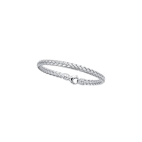 Silver Rhodium Finish 6.0mm Shiny Basketweave Bangle with Fancy Round Clasp