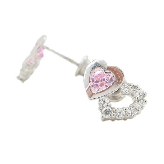 14K White gold Dual heart cz stud earrings for Children/Kids web297 1