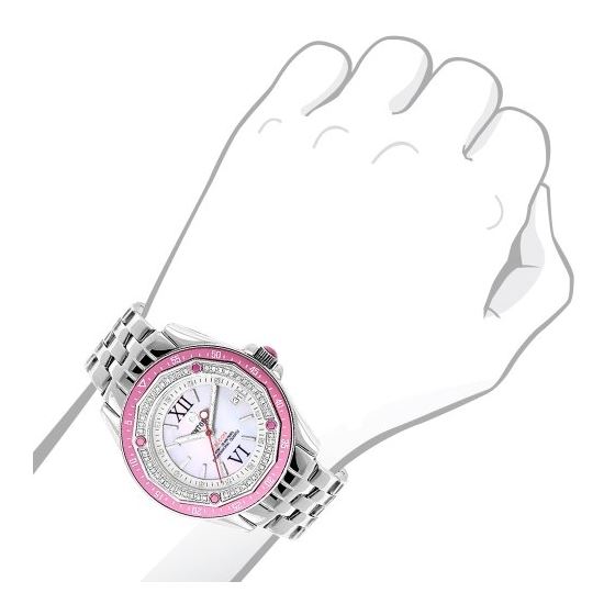 Pink Watches: Falcon Ladies Real Diamond Watch 0.50ct White MOP Leather Bands 3