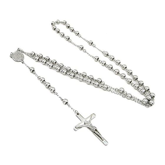 "Mens Stainless Steel with Silver Tone Rosary Chain Necklace Cross 28"" 1"