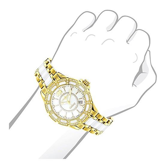 Luxurman Ladies Real Diamond Ceramic Watch 1.25ct White MOP Galaxy Yellow Gold 3