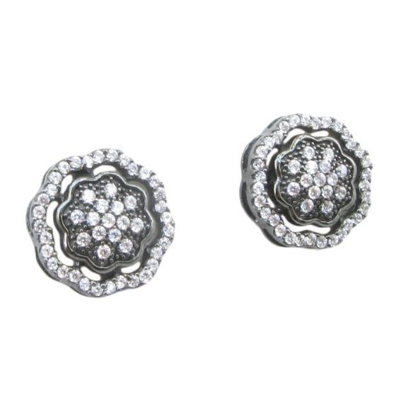 Womens .925 sterling silver Black and white flower earring 1 MLCZ253 4mm thick and 11mm wide Size 1