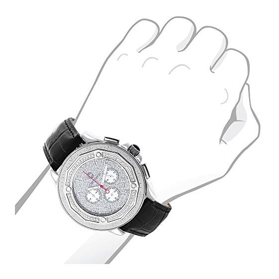 Iced Out Large Centorum Mens Chronograph Watch with Diamonds 0.55ct Leather Band 3