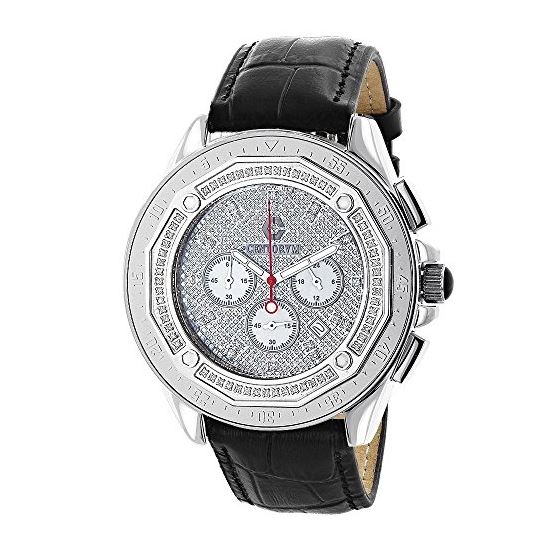 Iced Out Large Centorum Mens Chronograph Watch with Diamonds 0.55ct Leather Band 1