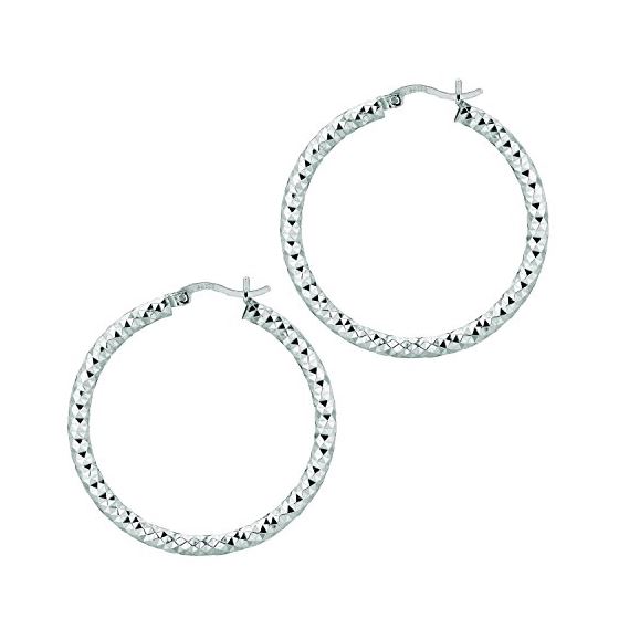 Ladies White Rhodium Silver Diamond Cut Hoop Earring AGE563