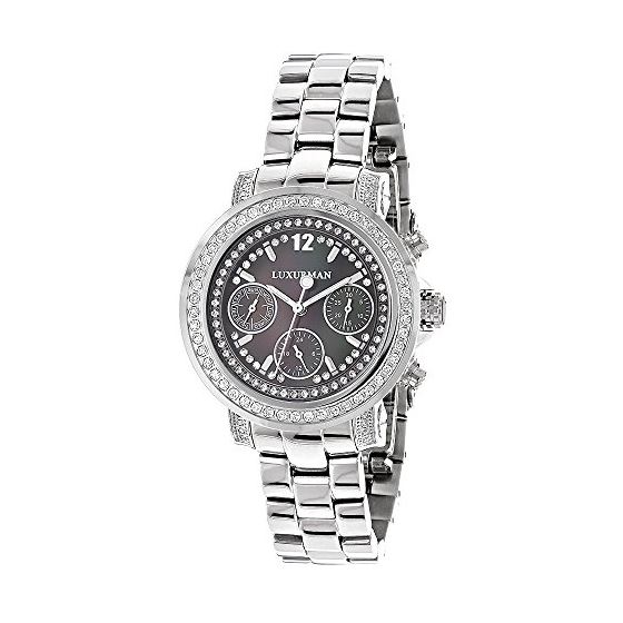 Luxurman Watches: Ladies Genuine Diamond Watch 2ct Mother of Pearl Chronograph 1