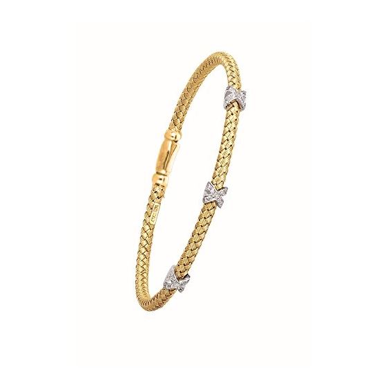 "Silver Rhodium Yellow Finish 3.7mm Basketweave 0.06ct White Diamond Three ""X"" Fancy Bangle wth Bo