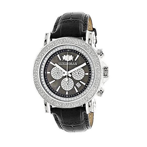 Large Mens Diamond Watch with Black Leather Band Luxurman Escalade 0.25ct 1