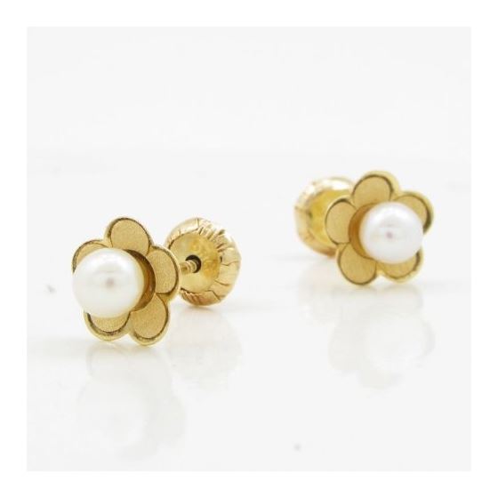 14K Yellow gold Thin flower pearl stud earrings for Children/Kids web170 3