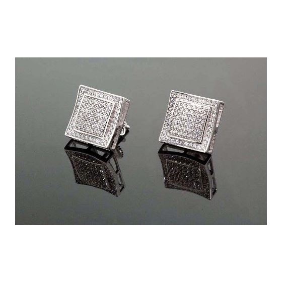 .925 Sterling Silver White Square White Crystal Micro Pave Unisex Mens Stud Earrings 1