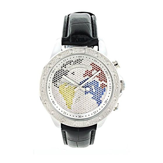 Luxurman Mens Diamond Watch 0.18ct WorldMap Genuine Diamonds Polished Silver 1