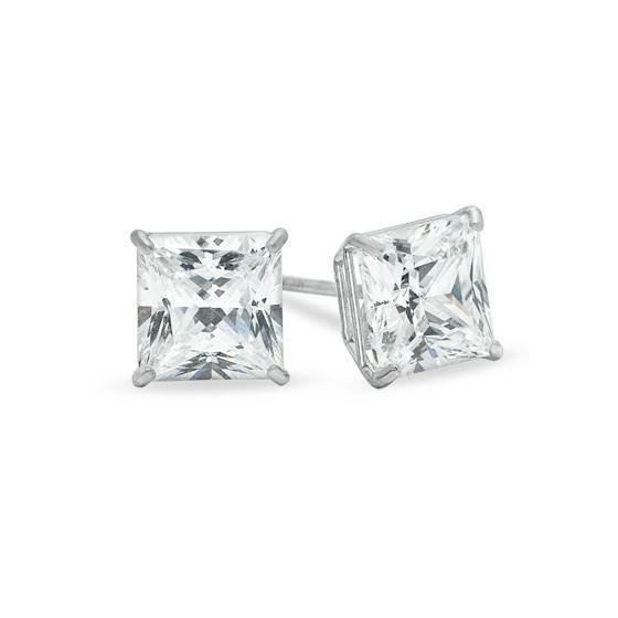 Unisex 14K White Gold 6mm CZ Princess Square Cut Basket Earrings Free Box 40-26 Size unisex