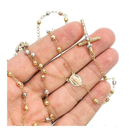 14K 3 TONE Gold HOLLOW ROSARY Chain - 28 Inches Long 3.9MM Wide 3