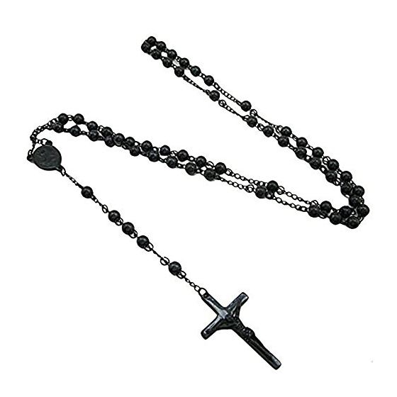 "Mens Black Stainless Steel Rosary Necklace 28"" Strong 6mm with Cross 1"