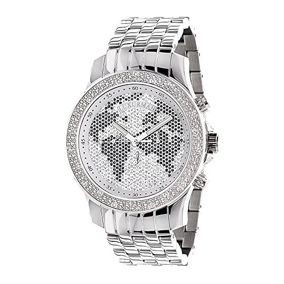 Mens Diamond Watch Worldmap 0.20 Ct Black White