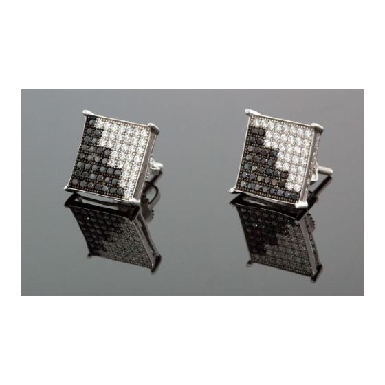 .925 Sterling Silver White Square White and Black Onyx Crystal Micro Pave Unisex Mens Stud Earrings 