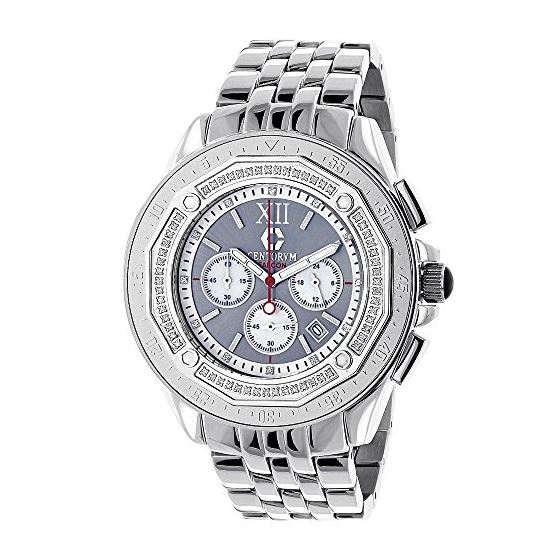 Centorum Mens Real Diamond Watch 0.55ct Midsize Chronograph White MOP Steel Band 1